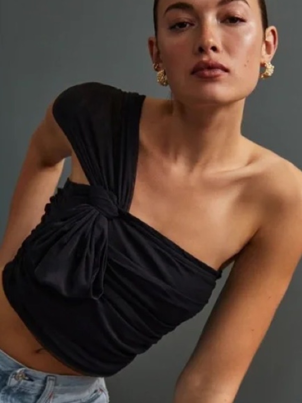 Maeve Anthropologie Sz XS Black Tulle One Shoulder Bow Ruched Crop Top Stretch